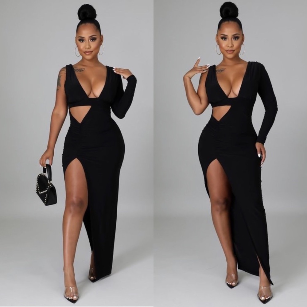 NEW TRENDY BLACK ONE SHOULDER FITTED MAXI DRESS - Picture 1 of 9